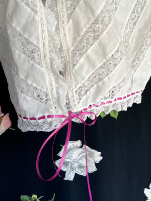 1900s White Cotton Corset Cover Insert Lace Trim Fuchsia Pink Ribbon