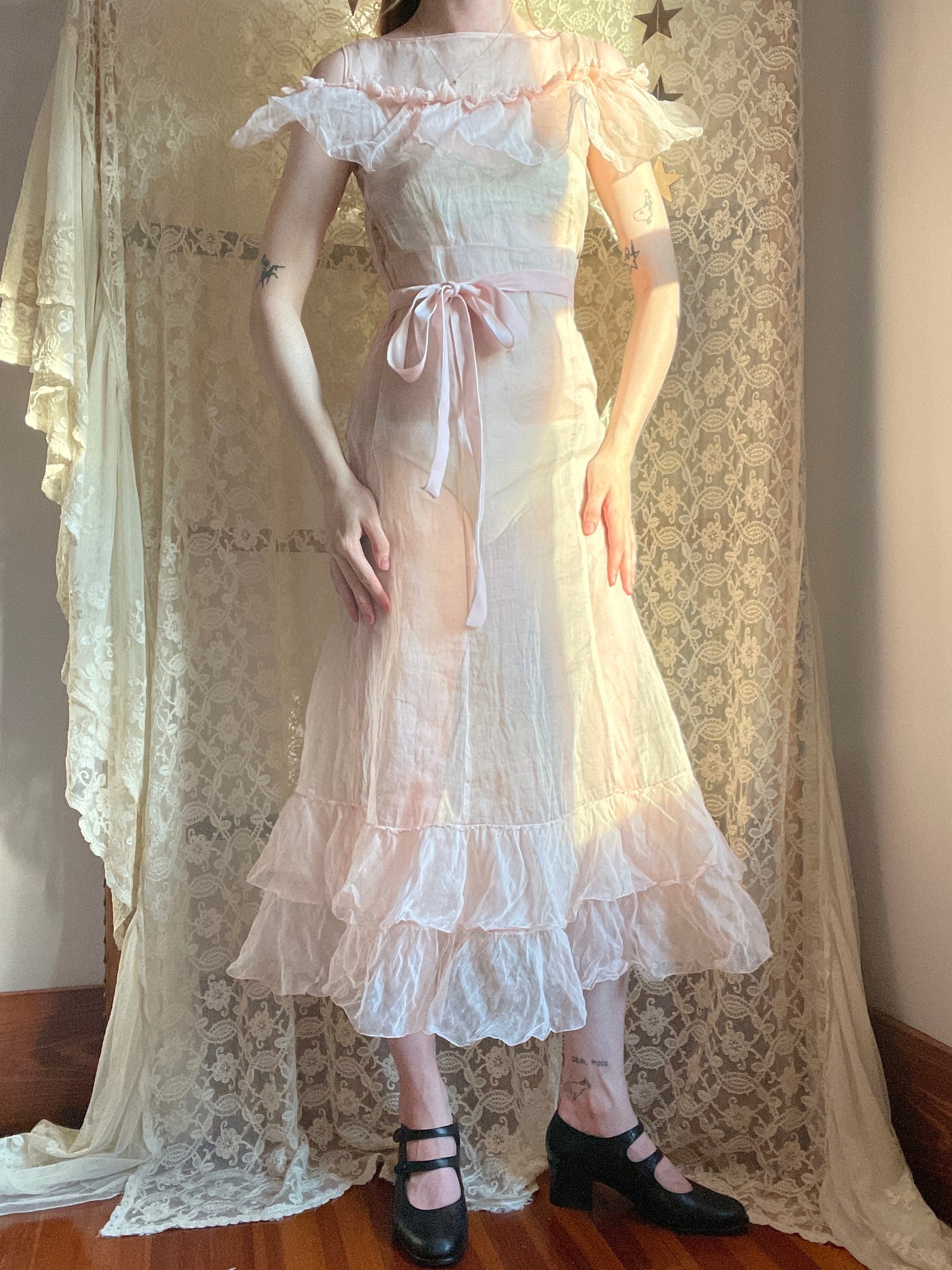1930s Pink Silk Orgnaza Sheer Floral Rosette Dress