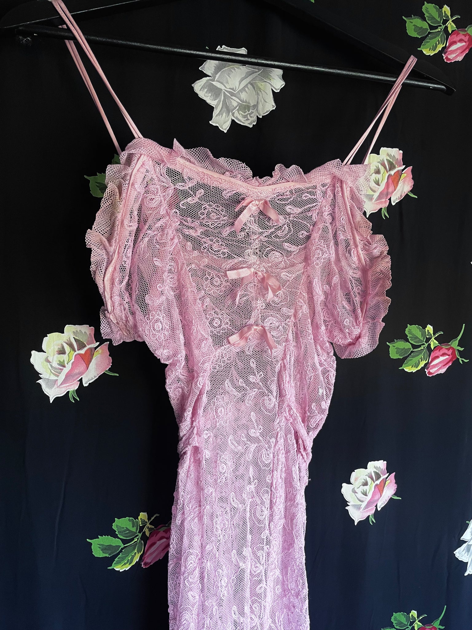 1930s Tambour Lace Embroidered Net Gown Bow Dress Dyed Pink