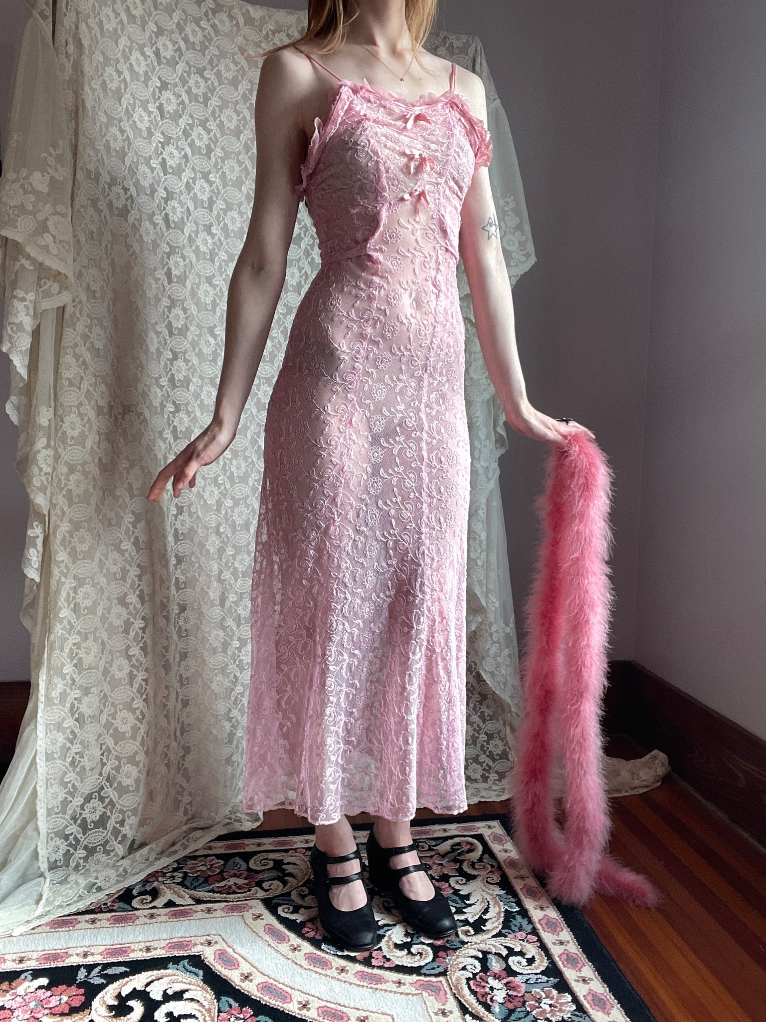 1930s Tambour Lace Embroidered Net Gown Bow Dress Dyed Pink Breath Of the Earth 1930s Tambour Lace Embroidered Net Gown Bow Dress Dyed Pink Breath Of the Earth