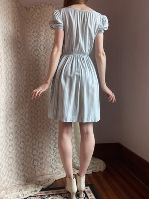 1940s Puff Sleeve Light Blue White Striped Dress