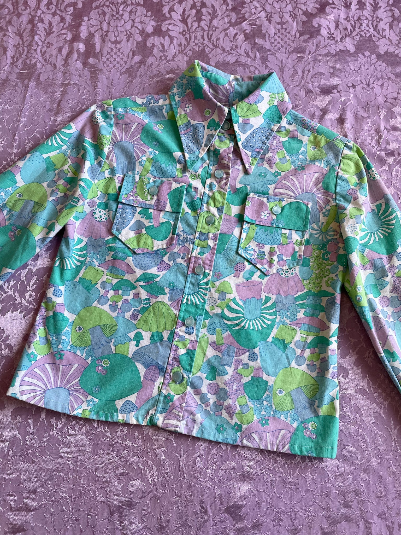 1970s Mushroom Printed Shirt Jacket Green Blue Purple