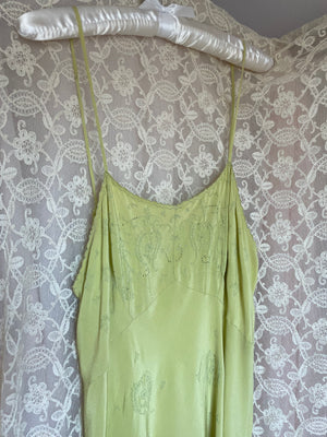 1930s Chartuese Green Silk Hand Embroidered Slip Dress