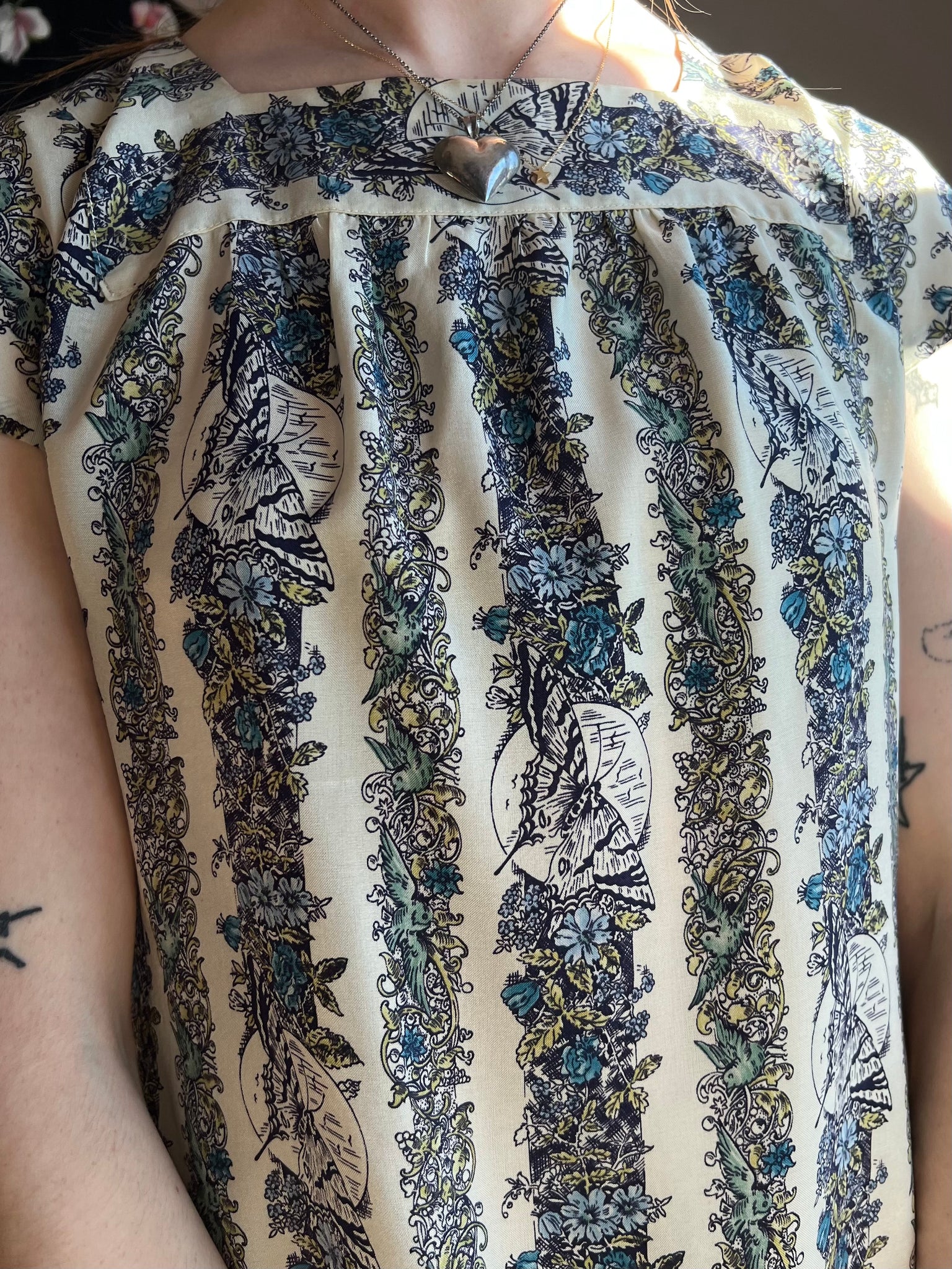 1970s Butterfly Bird Print Floral Striped Dress Cream Blue