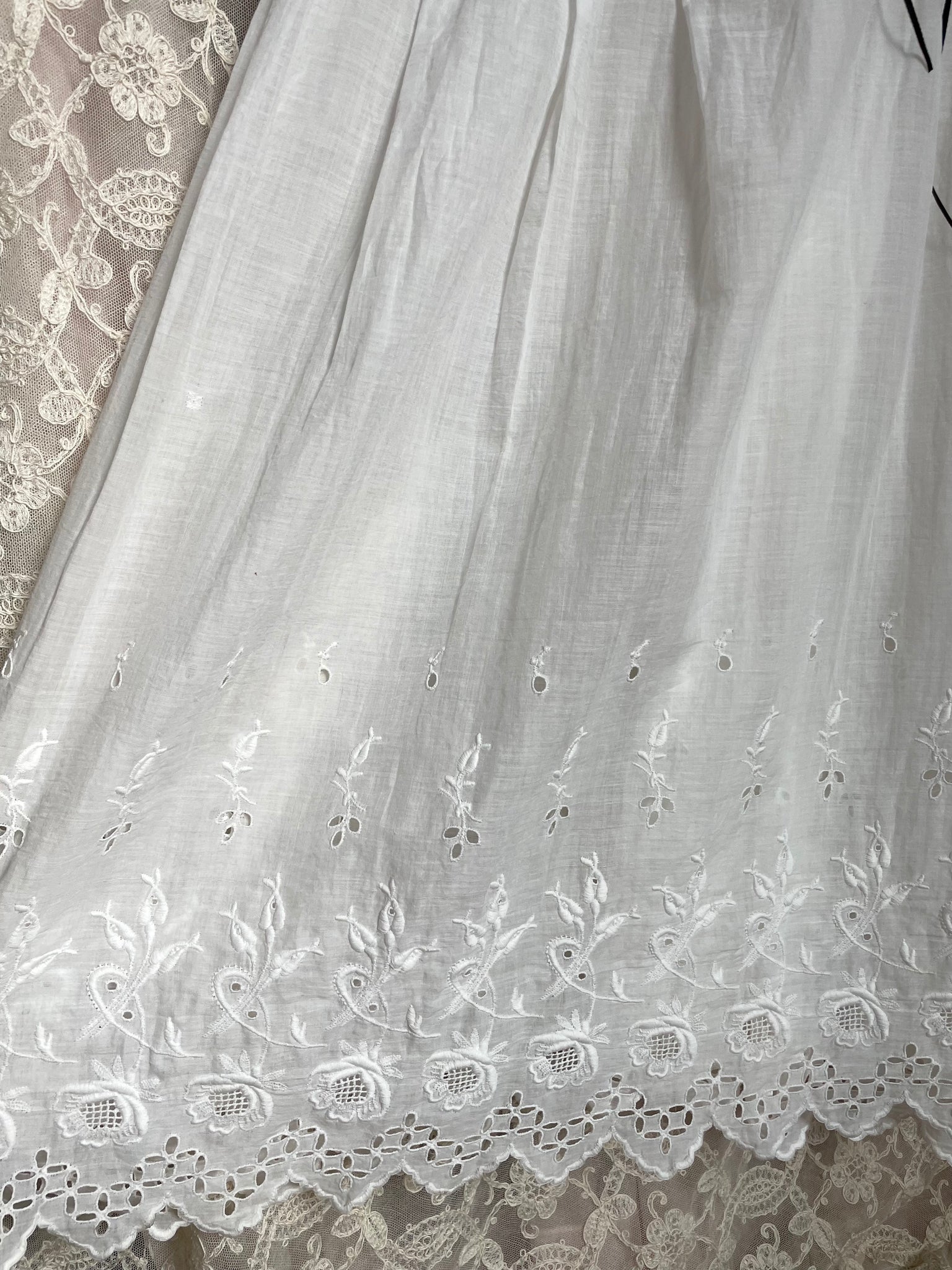 Antique Edwardian 1900s White Cotton Floral Embroidered Eyelet Black Ribbon Slip Dress