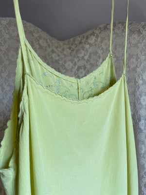 1930s Chartuese Green Silk Hand Embroidered Slip Dress