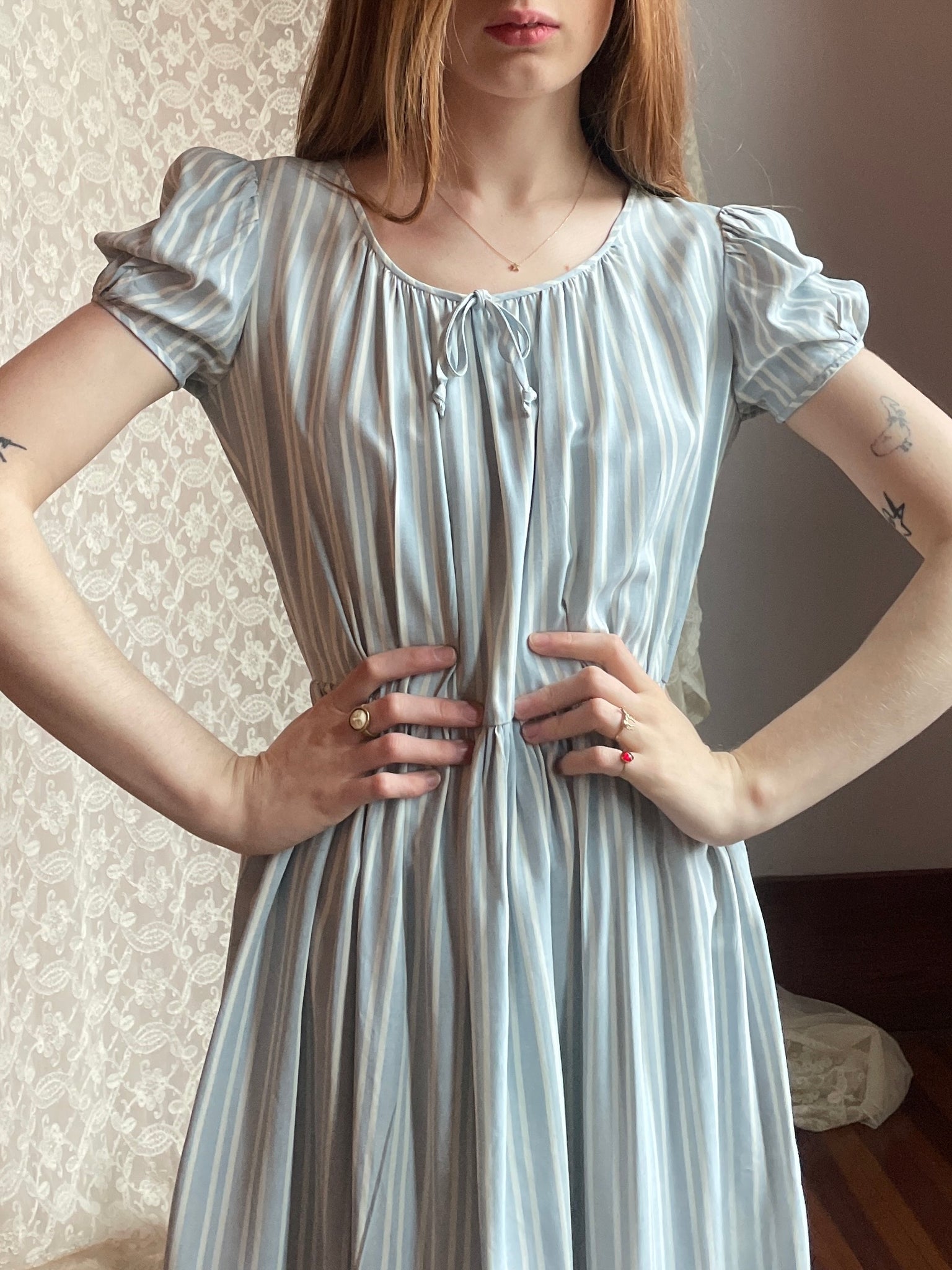 1940s Puff Sleeve Light Blue White Striped Dress