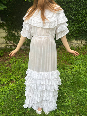 1910s White Cotton Ruffle Tiered Lace Dress