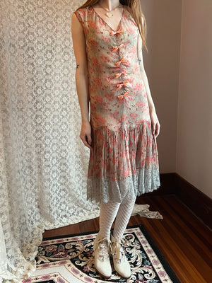 1920s Silk Chiffon Floral Lace Dress Coral Bow