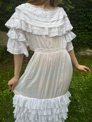 1910s White Cotton Ruffle Tiered Lace Dress