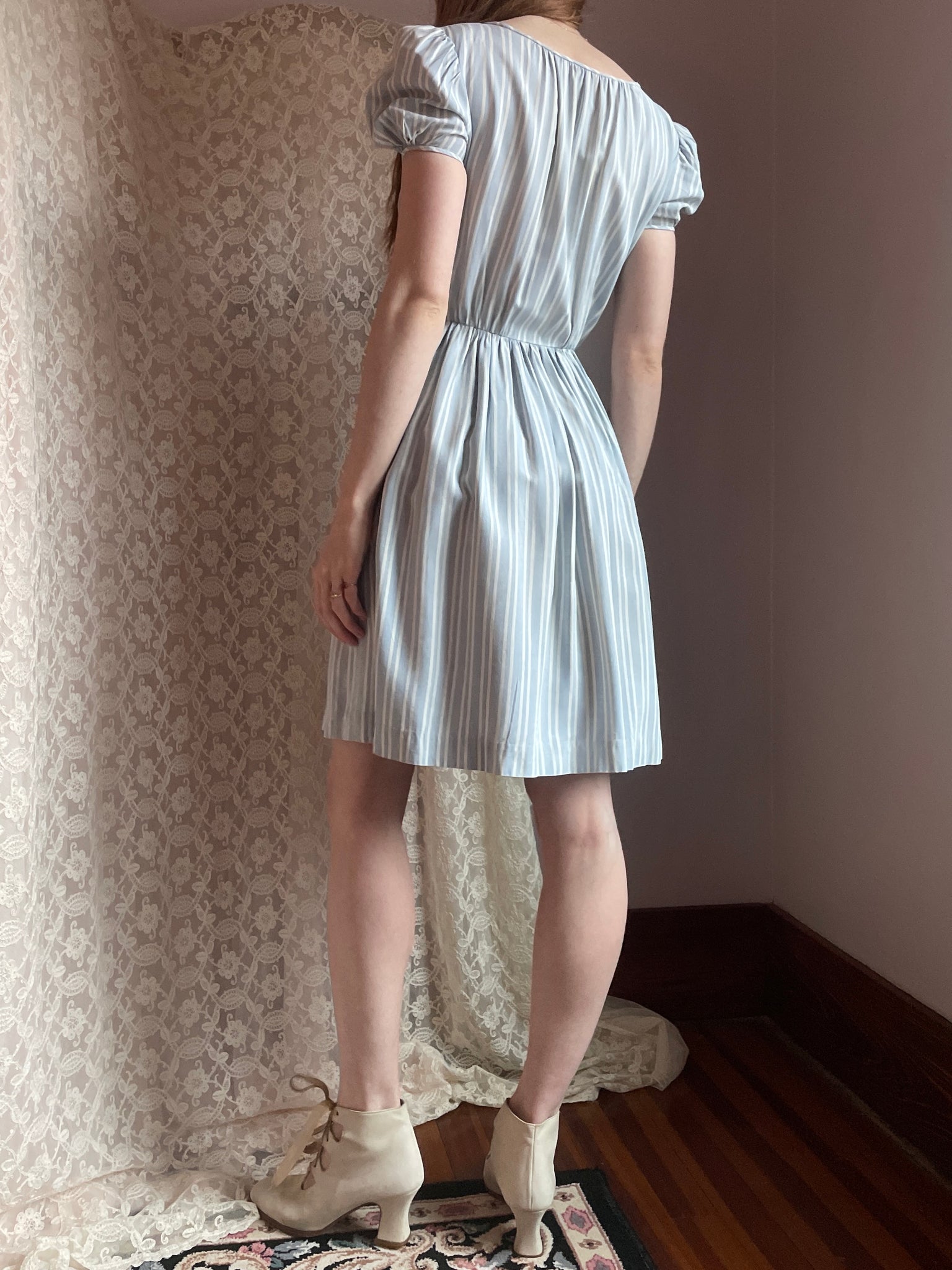 1940s Puff Sleeve Light Blue White Striped Dress