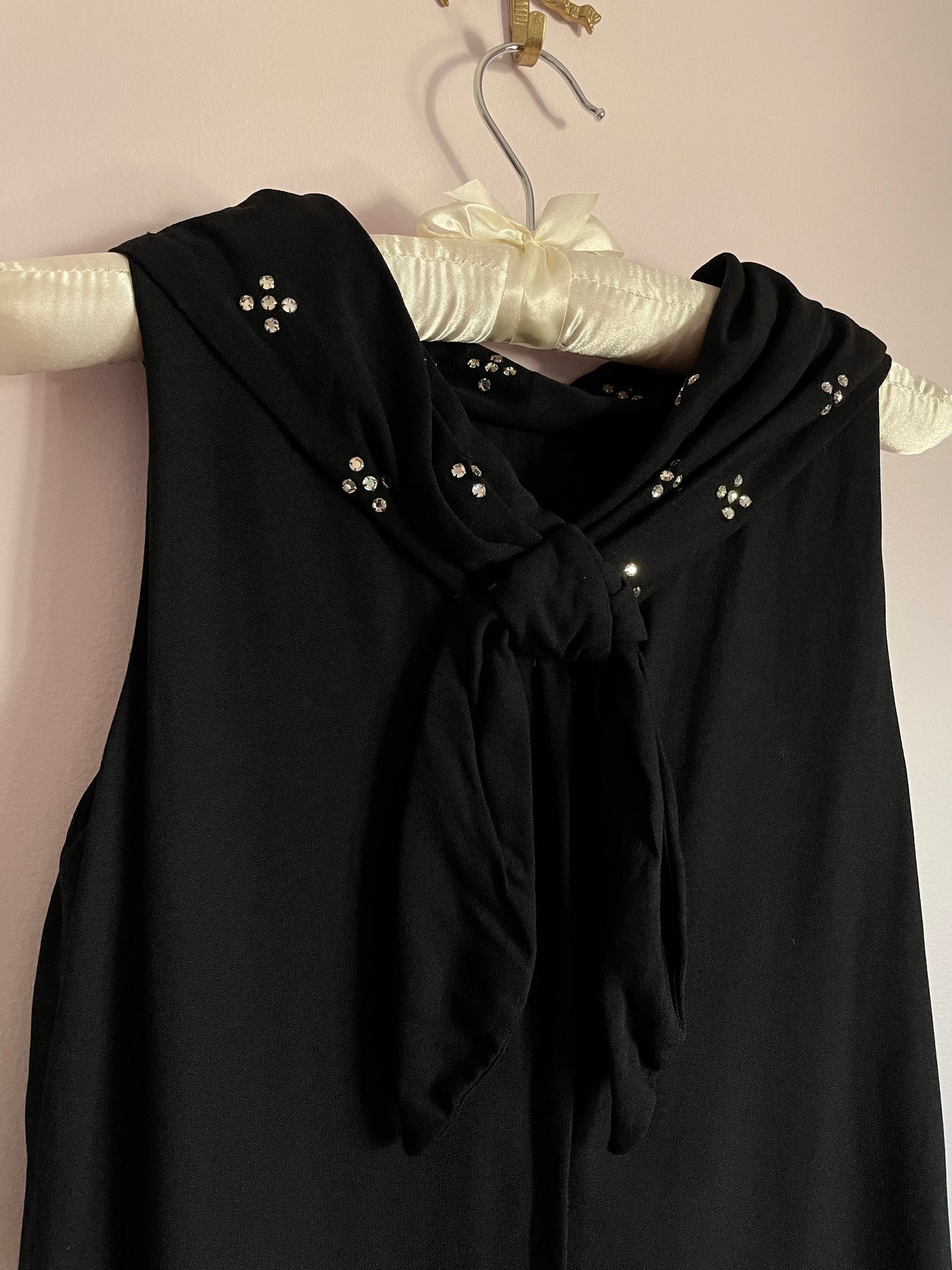 1960s Glass Rhinestone Black Crepe Dress