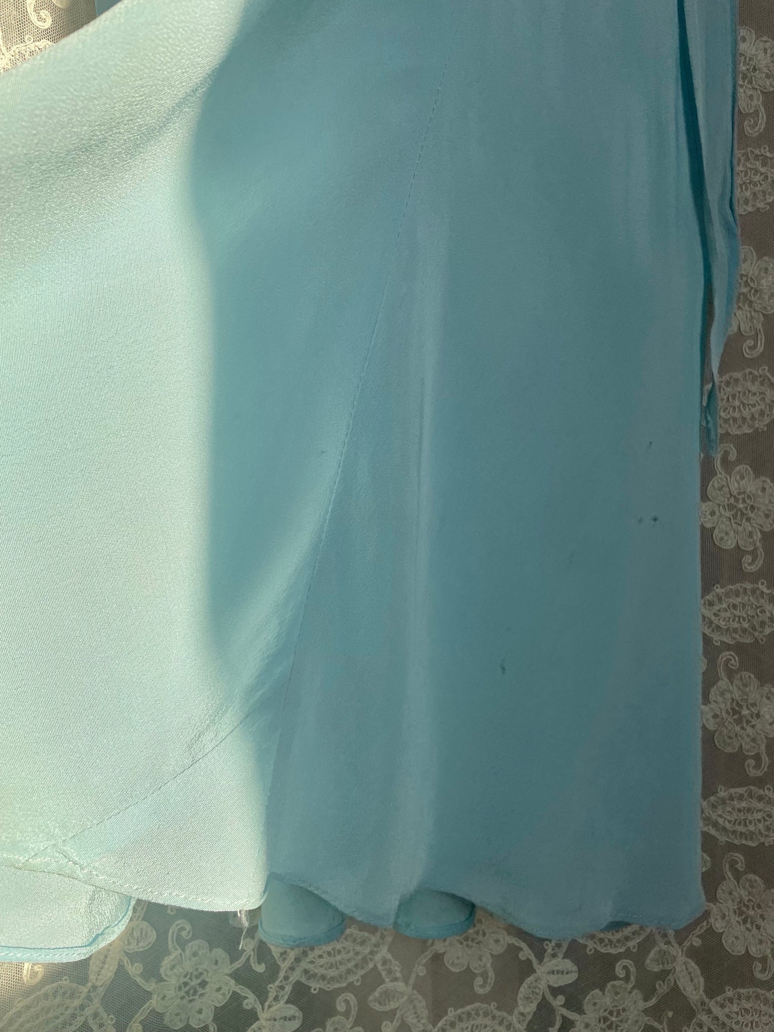 1930s Blue Rayon Crepe Dress Bias Cut Cold Shoulder Puff Sleeve
