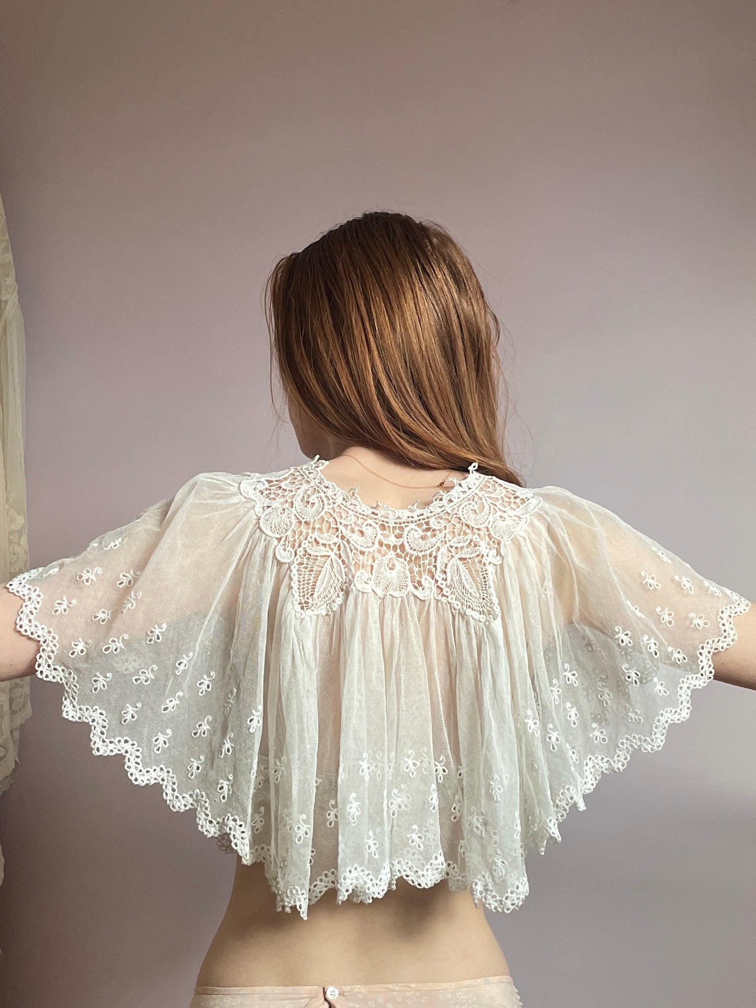1900s Mesh Embroidered Floral Lace Capelet Net