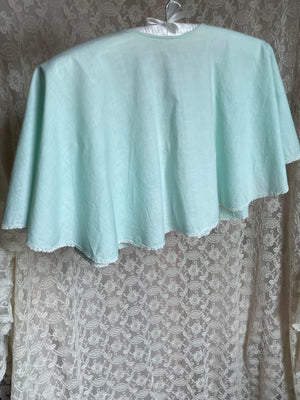 1930s Light Blue Green Cotton Embroidered Floral Cape Lace Trim