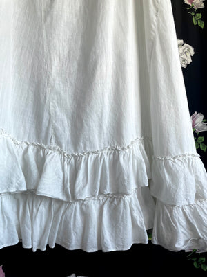 1900s White Cotton Skirt Petticoat Ruffle Hem Drawstring Ribbon Waist