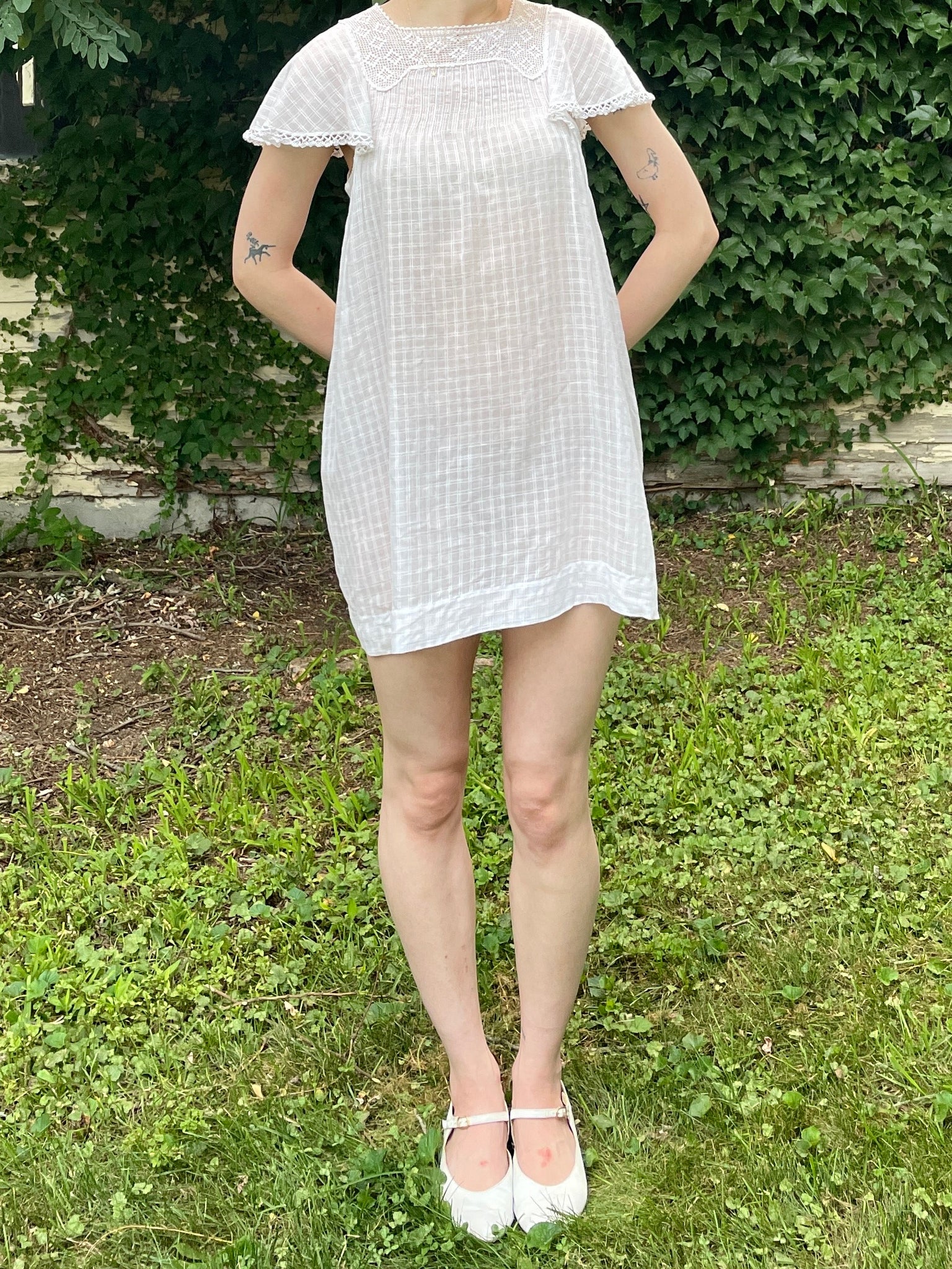 1920s White Cotton Windowpane Mini Dress Crochet Yoke