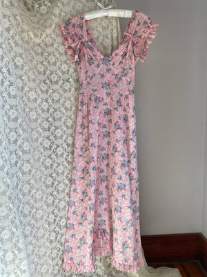1930s Rose Floral Printed Cotton Ruffle Tie Back Dress