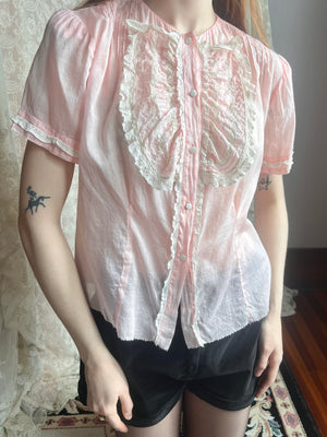 1940s Light Pink White Lace Ruffle Cotton Blouse