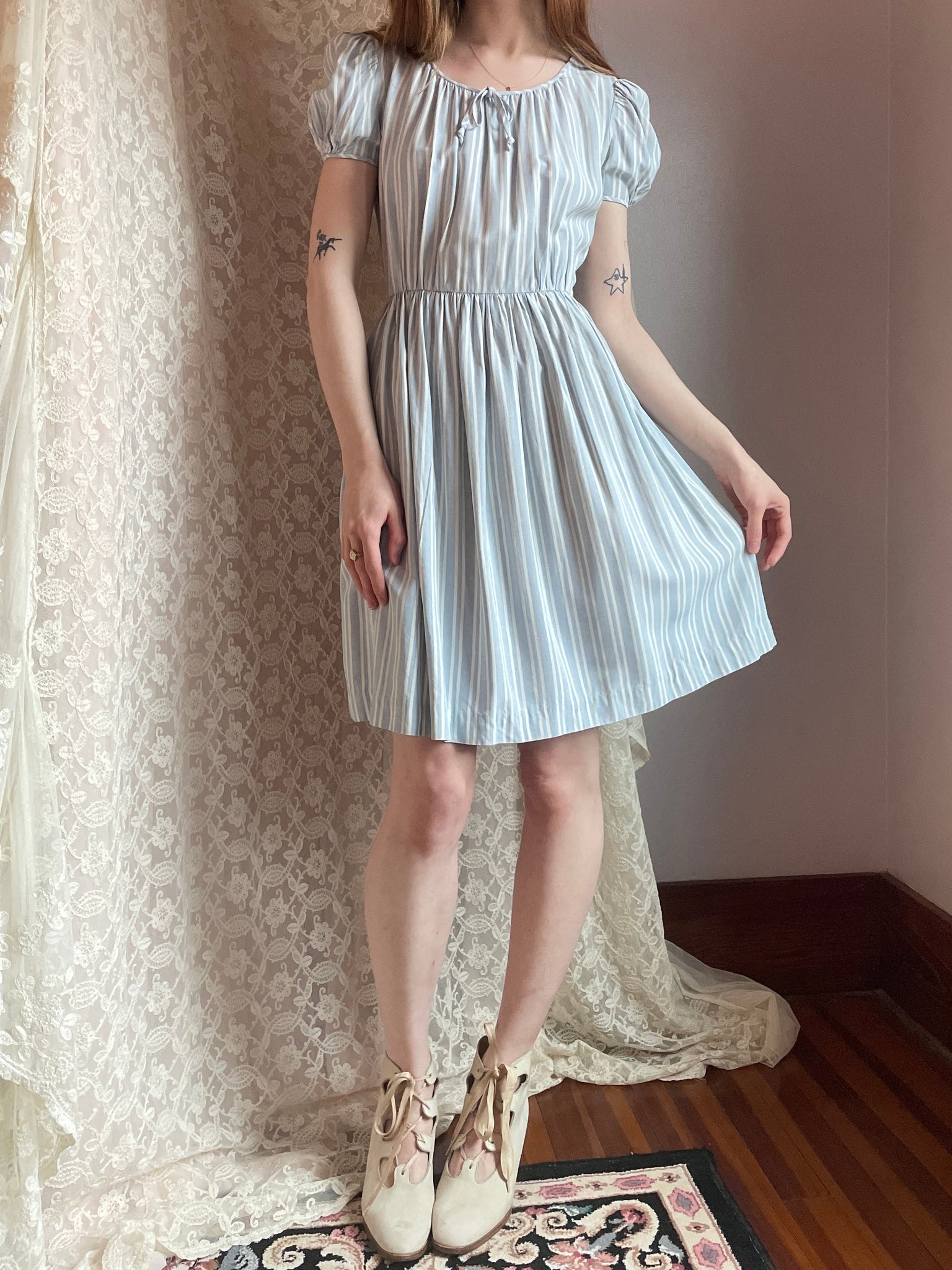 1940s Puff Sleeve Light Blue White Striped Dress