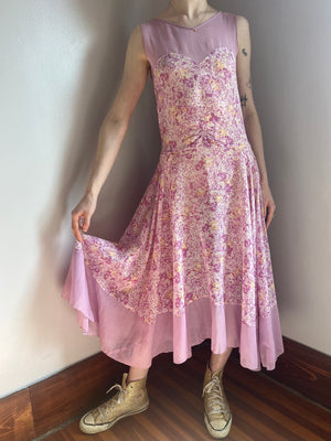 1930s Rose Floral Printed Cotton Bias Cut Dress Gown Bow Purple Yellow