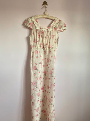 1930s Pink Floral Print Cotton Bias Cut Slip Dress Short Cap Sleeves