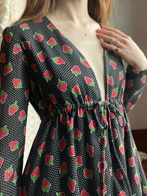 1970s Young Edwardian Strawberry Print Dotted Black Red Cotton Mini Dress