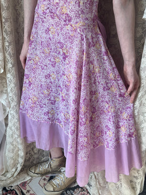 1930s Rose Floral Printed Cotton Bias Cut Dress Gown Bow Purple Yellow