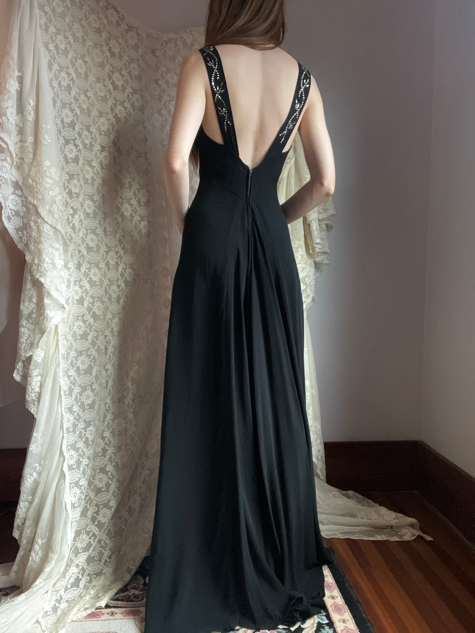 1930s Glass Rhinestone Black Rayon Crepe Gown Bias Cut Dress Sparkle