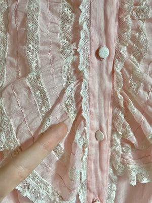 1940s Light Pink White Lace Ruffle Cotton Blouse