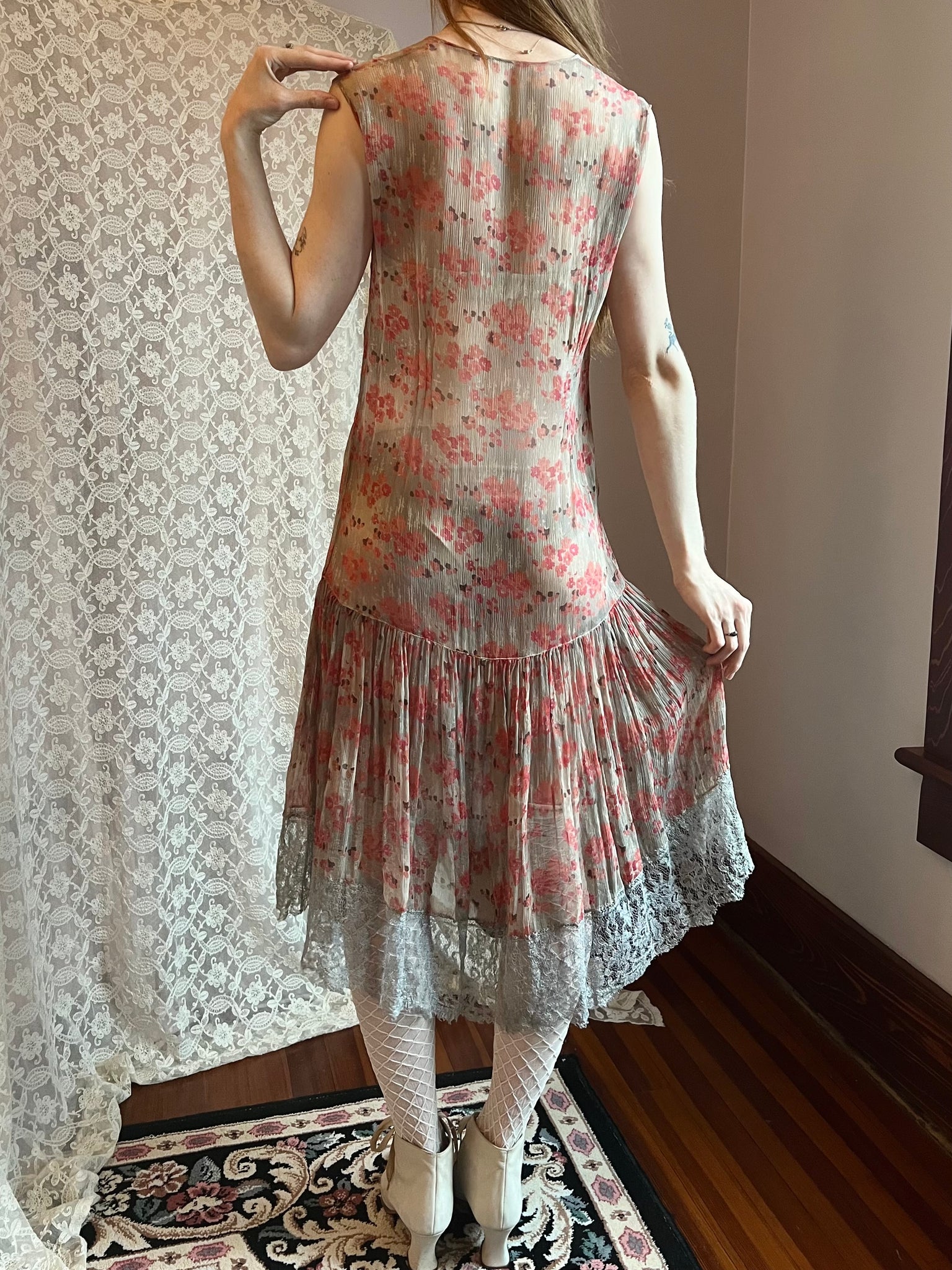 1920s Silk Chiffon Floral Lace Dress Coral Bow