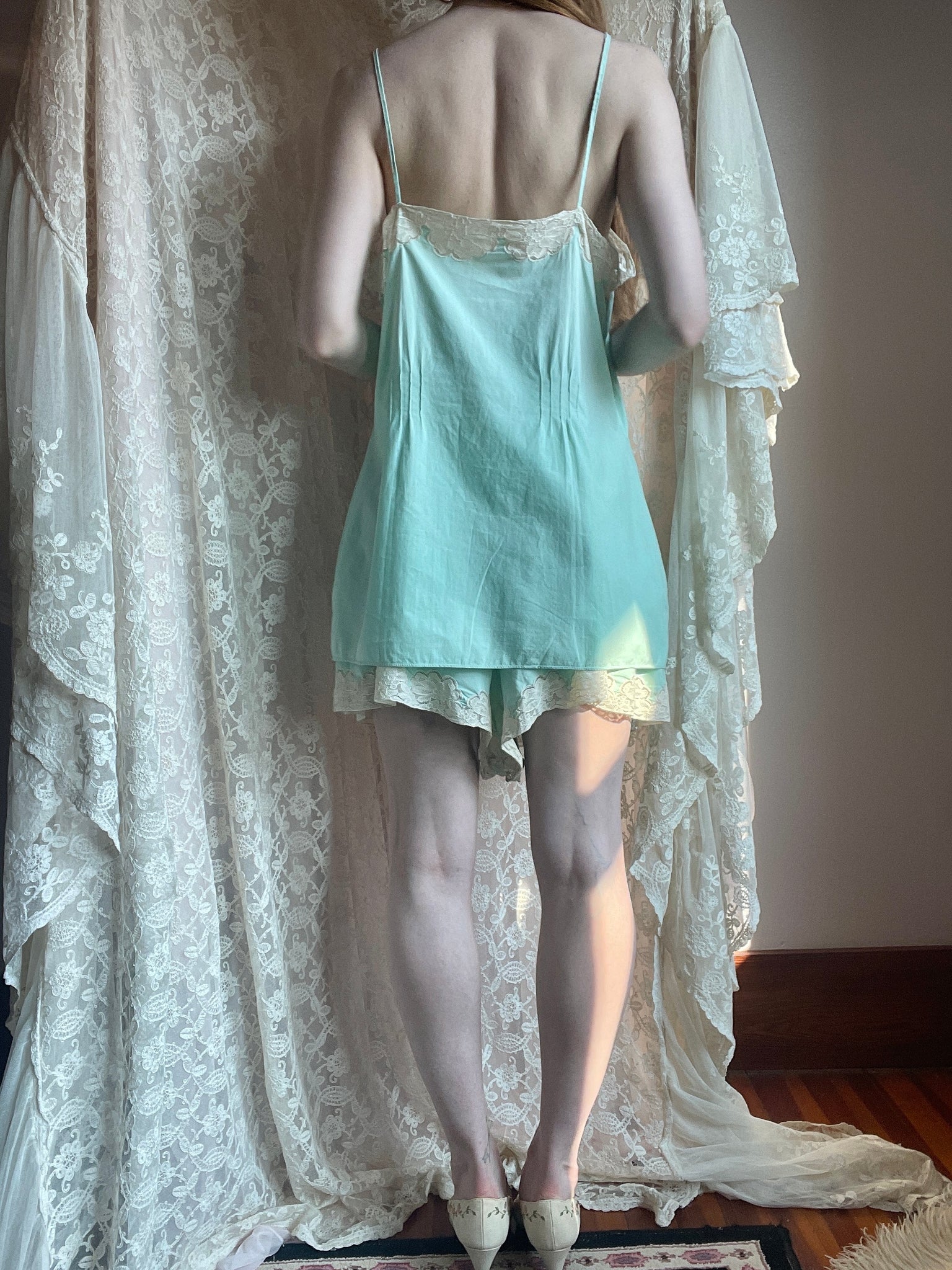 1930s Cotton Mint Green Top and Shorts Set Monogram Lace