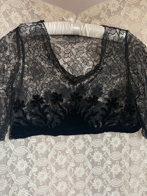 1930s Black Silk Velvet Floral Applique Lace Blouse