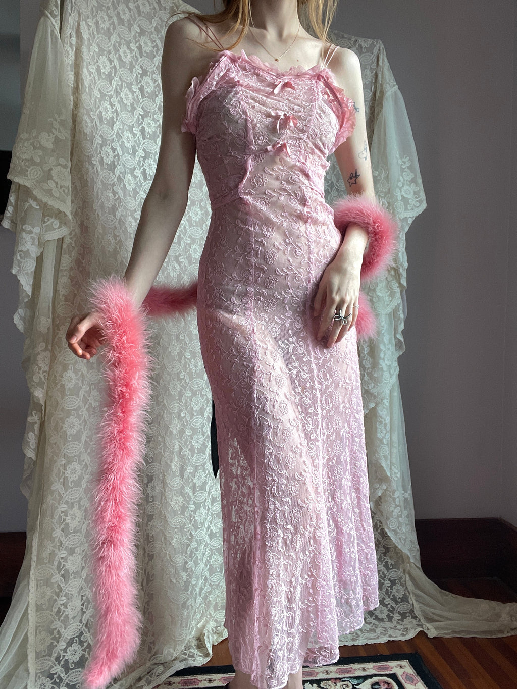 1930s Tambour Lace Embroidered Net Gown Bow Dress Dyed Pink