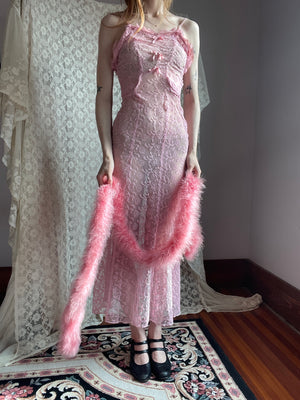 1930s Tambour Lace Embroidered Net Gown Bow Dress Dyed Pink