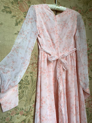 1970s Floral Pink Maxi Dress Sheer Chiffon Balloon Sleeves