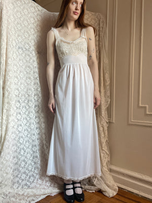 1960s White Nylon Lace Bust Full Length Slip Dress