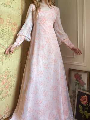 1970s Floral Pink Maxi Dress Sheer Chiffon Balloon Sleeves