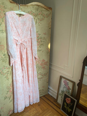 1970s Floral Pink Maxi Dress Sheer Chiffon Balloon Sleeves