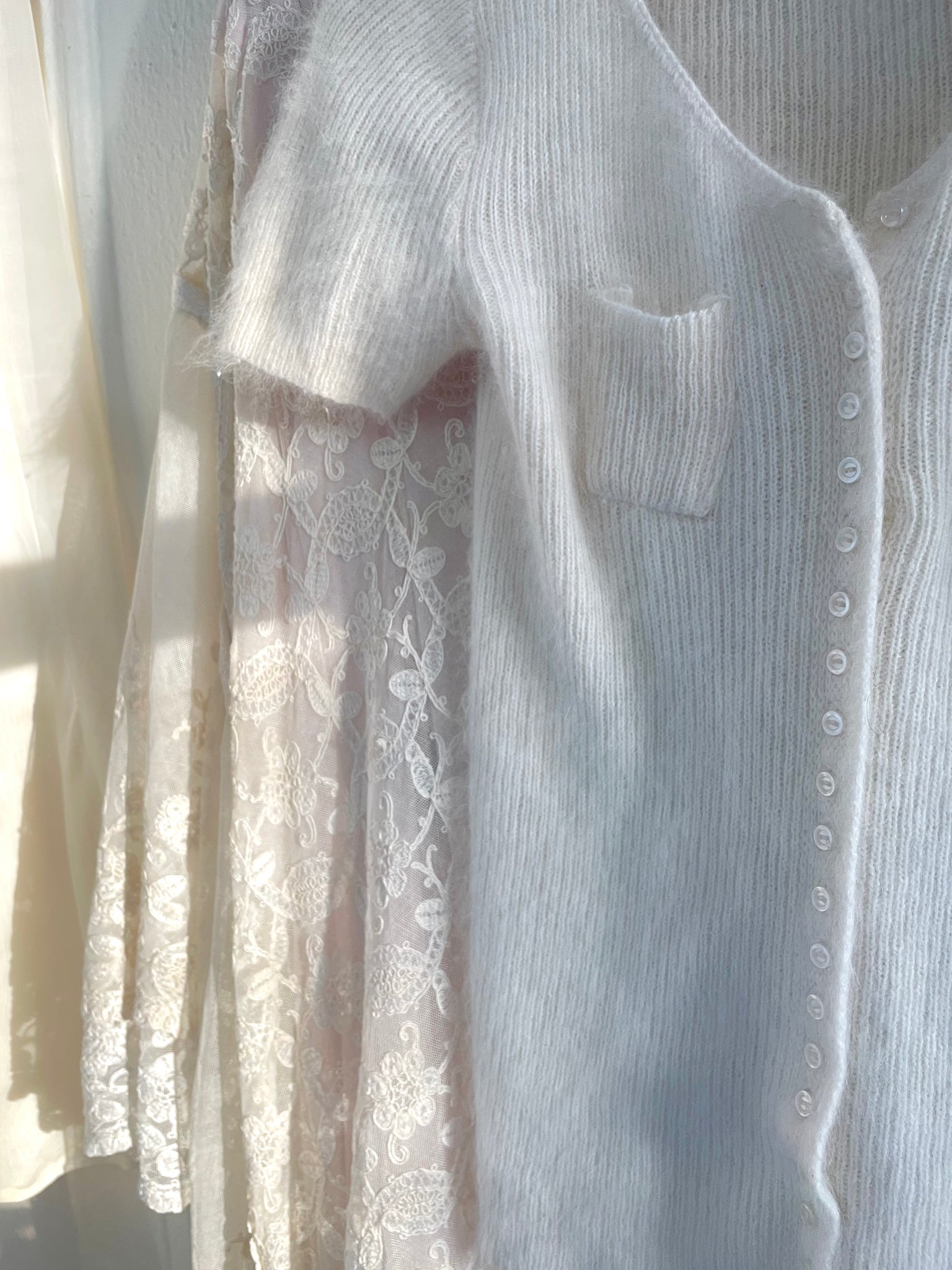 1990s Angora White Fuzzy Wool Knit Tiny Buttons Short Sleeve