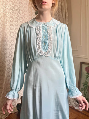 1940s Baby Blue Rayon Balloon Long Sleeve Collared Slip Dress