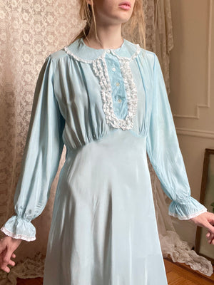 1940s Baby Blue Rayon Balloon Long Sleeve Collared Slip Dress