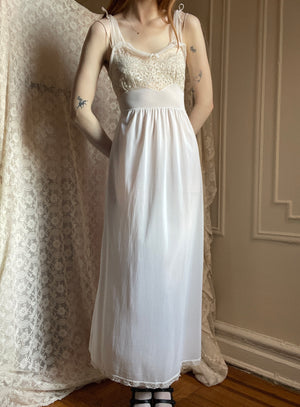 1960s White Nylon Lace Bust Full Length Slip Dress