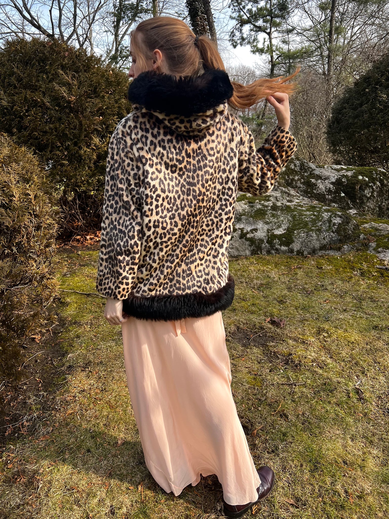 1960s Leopard Faux Fur Coat Hood Brass Zip