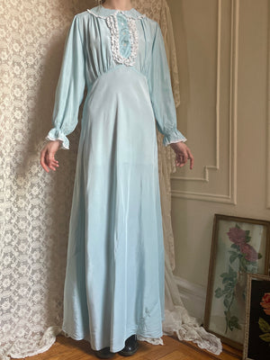 1940s Baby Blue Rayon Balloon Long Sleeve Collared Slip Dress