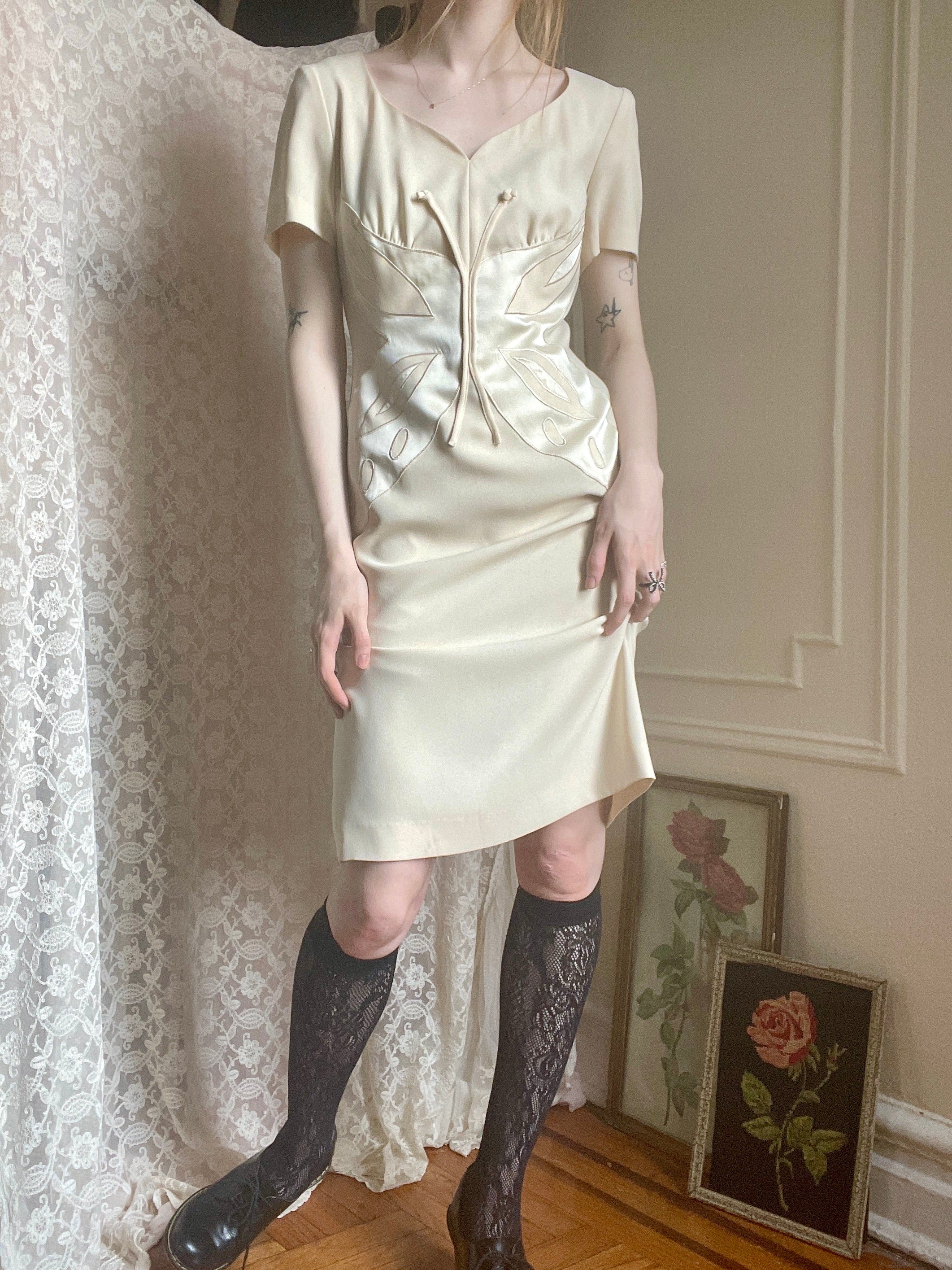 【関税&送料込】Moschino Crepe Dress 1990s Moschino Cheap & Chic Cream Satin Butterfly Rayon