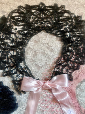 1900s Battenburg Lace and Crochet Black Collar Pink Ribbom Tie Accesory