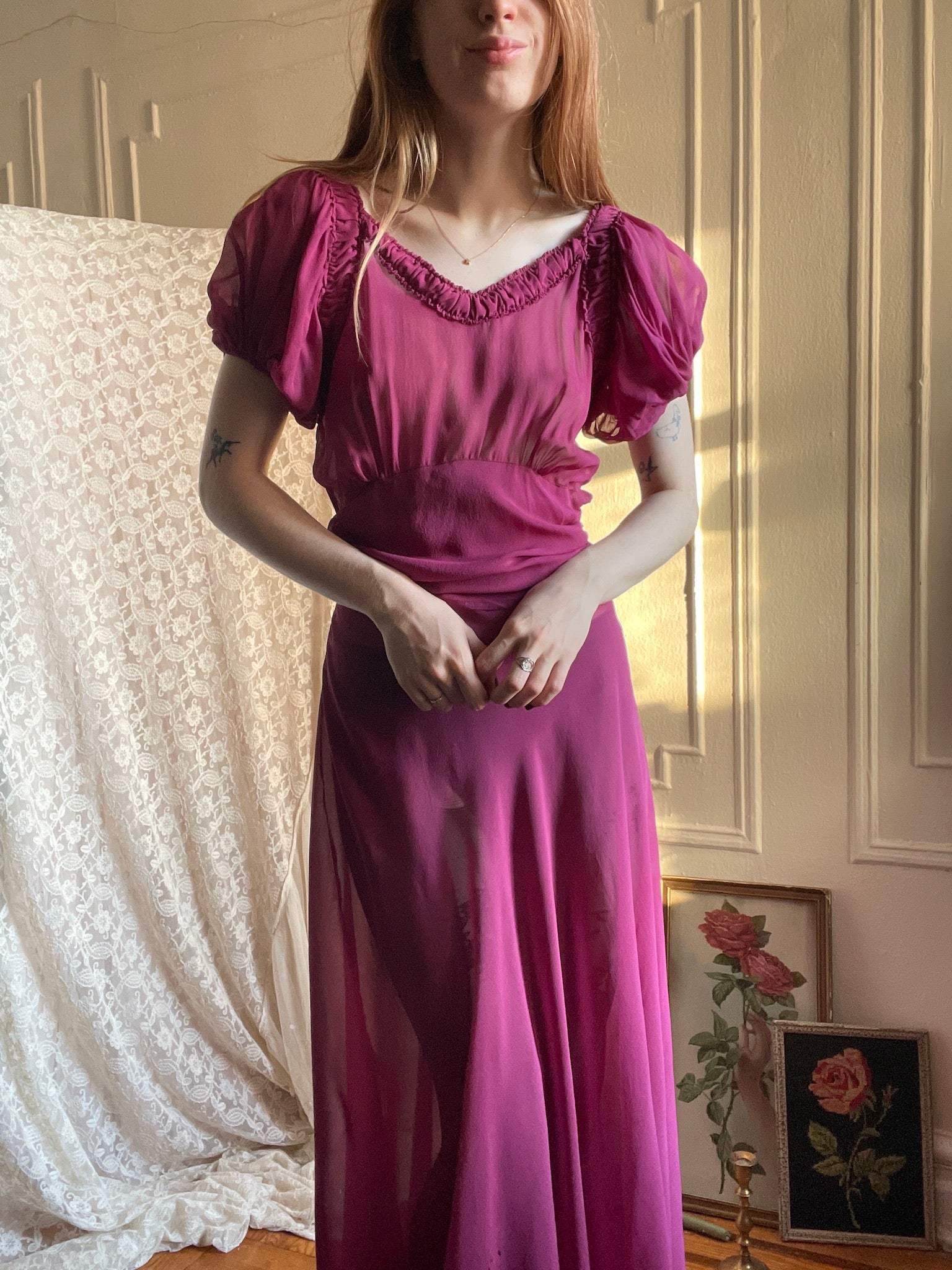 1930s Fuscia Purple Dress Ruched Puff Sleeves Rayon Chiffon Gown