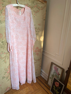 1970s Floral Pink Maxi Dress Sheer Chiffon Balloon Sleeves