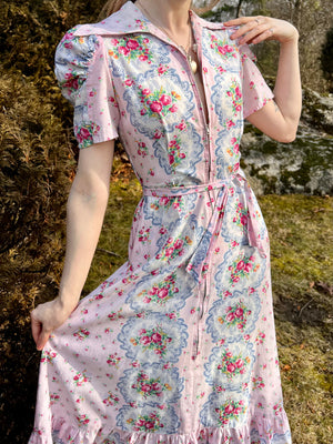 1940s Pink Lace Rose Floral Print Cotton House Dress Zipper Front